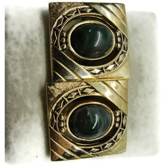 Anson Cufflinks Gold Tone Green Stone Tux Shirt Dress Suit Vintage - Picture 6 of 6